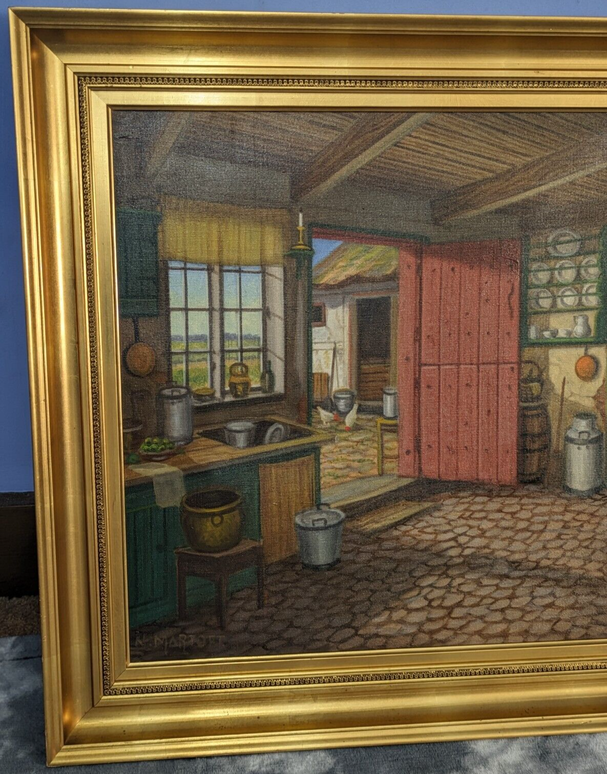 Niels Martoft 1878 Antique 20th Century Danish Oil Painting Farmhouse Interior
