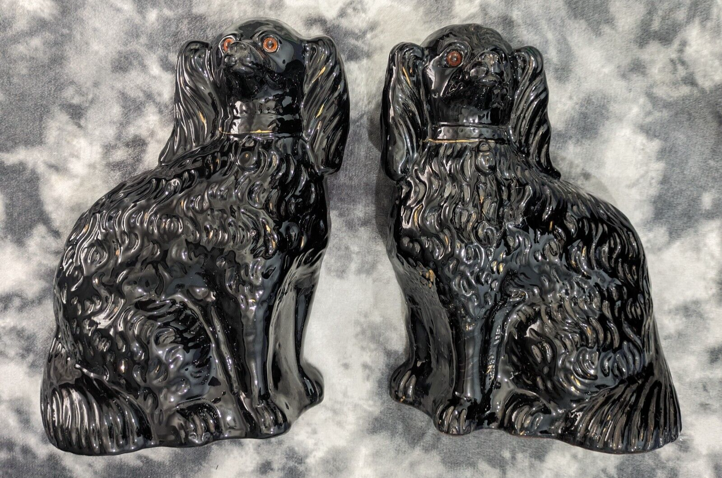 Antique 19th Century Ceramic Staffordshire Mantle Black Jackfield Spaniel Dogs