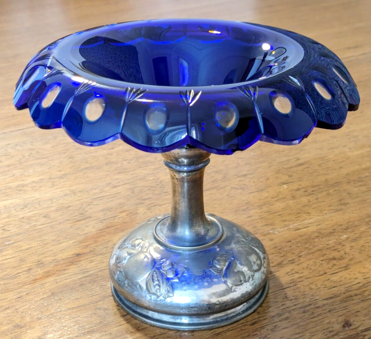 19th Century Bohemian Art Glass Cobalt Cut to Clear Tazza Pedestal Bowl Antique