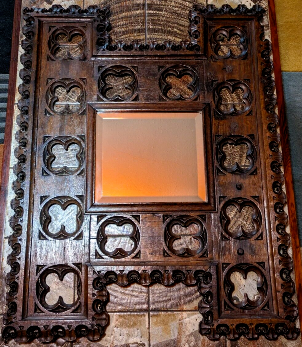 15th Century Gothic Carved Oak Wood Quatrefoil Tracery Panel Antique 19th Mirror