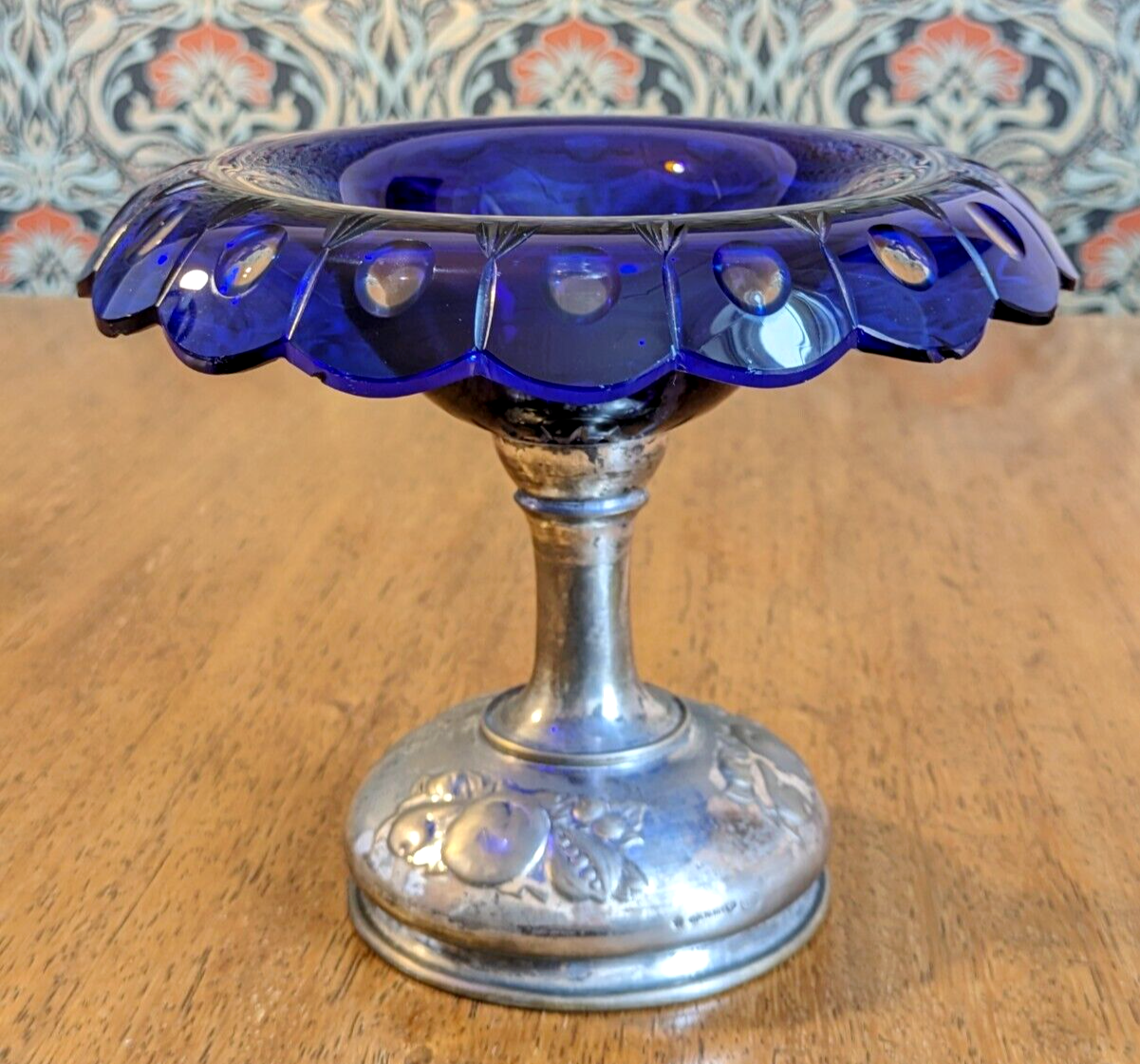19th Century Bohemian Art Glass Cobalt Cut to Clear Tazza Pedestal Bowl Antique