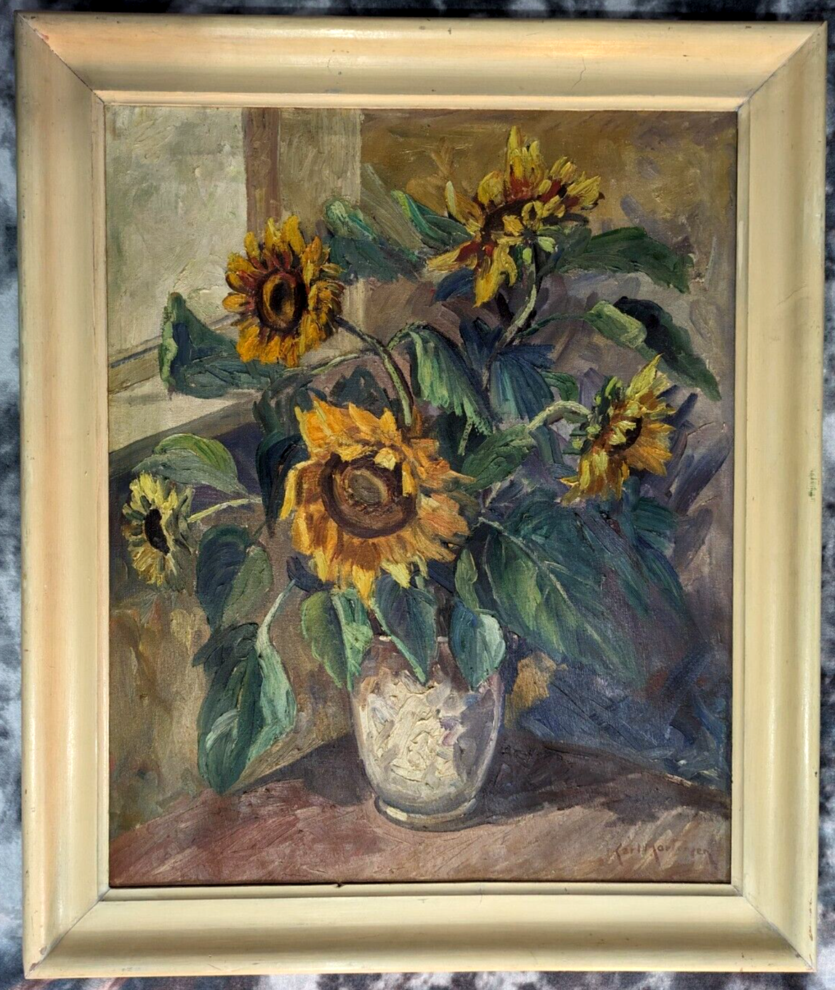Carl Mortensen 1861 Danish Antique Vintage Sunflower Still Life Oil Painting Art