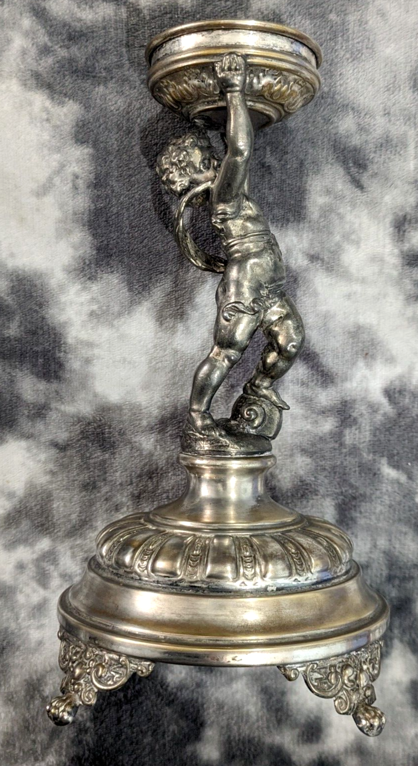 Antique WMF Art Nouveau Figural Silver Plate Cherub Bowl Enamelled Blue Glass