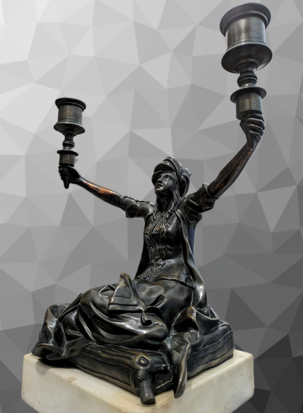 Antique Art Nouveau Figural Bronze Marble Twin Candlestick Candelabra Holder