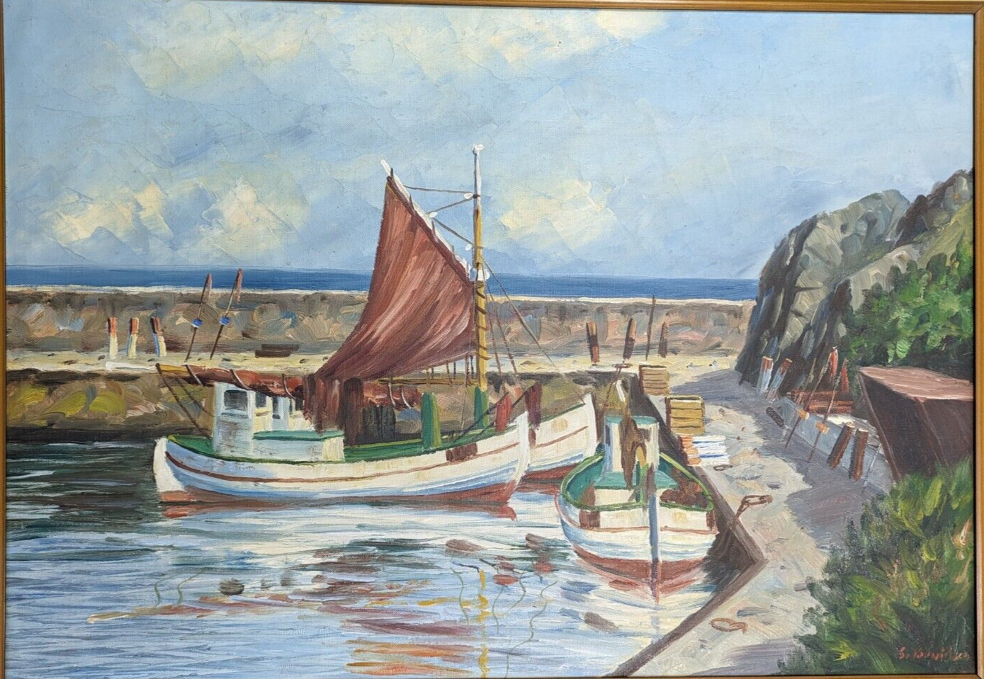 Vintage 20th Century Danish Oil Painting Svend Aage Arvidsen Marine Harbour Art
