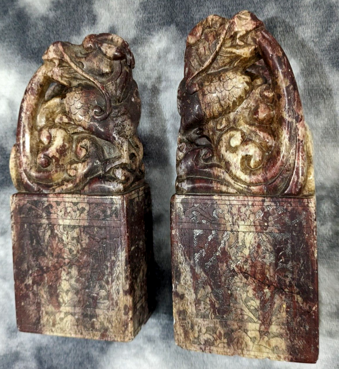 Large Pair of Antique Chinese Fire-breathing Dragon Carved Soapstone Qing Seals
