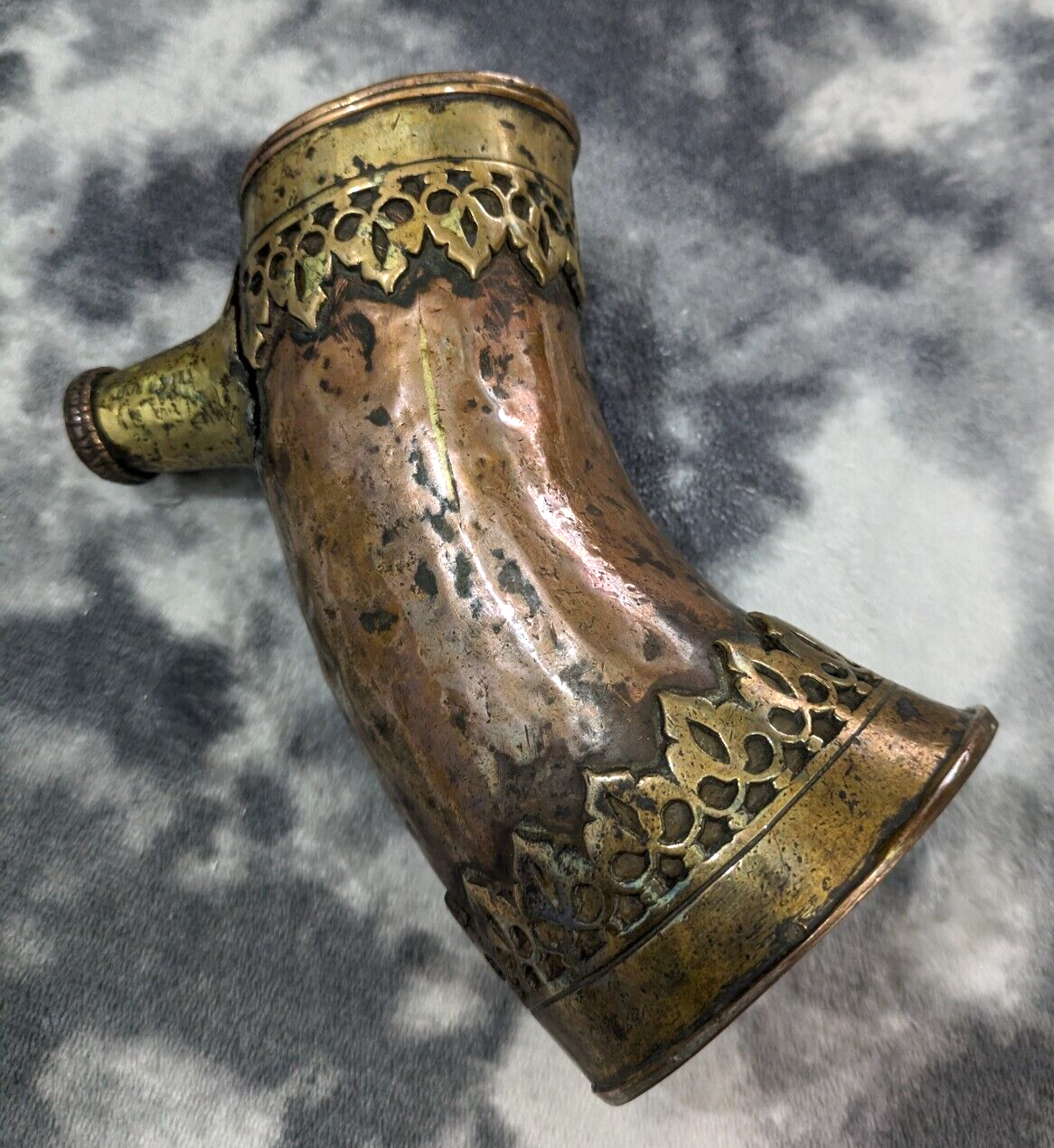 18th 19th Century Mughal Copper Brass Yak Horn-Shaped Huqqa Hookah Base Antique