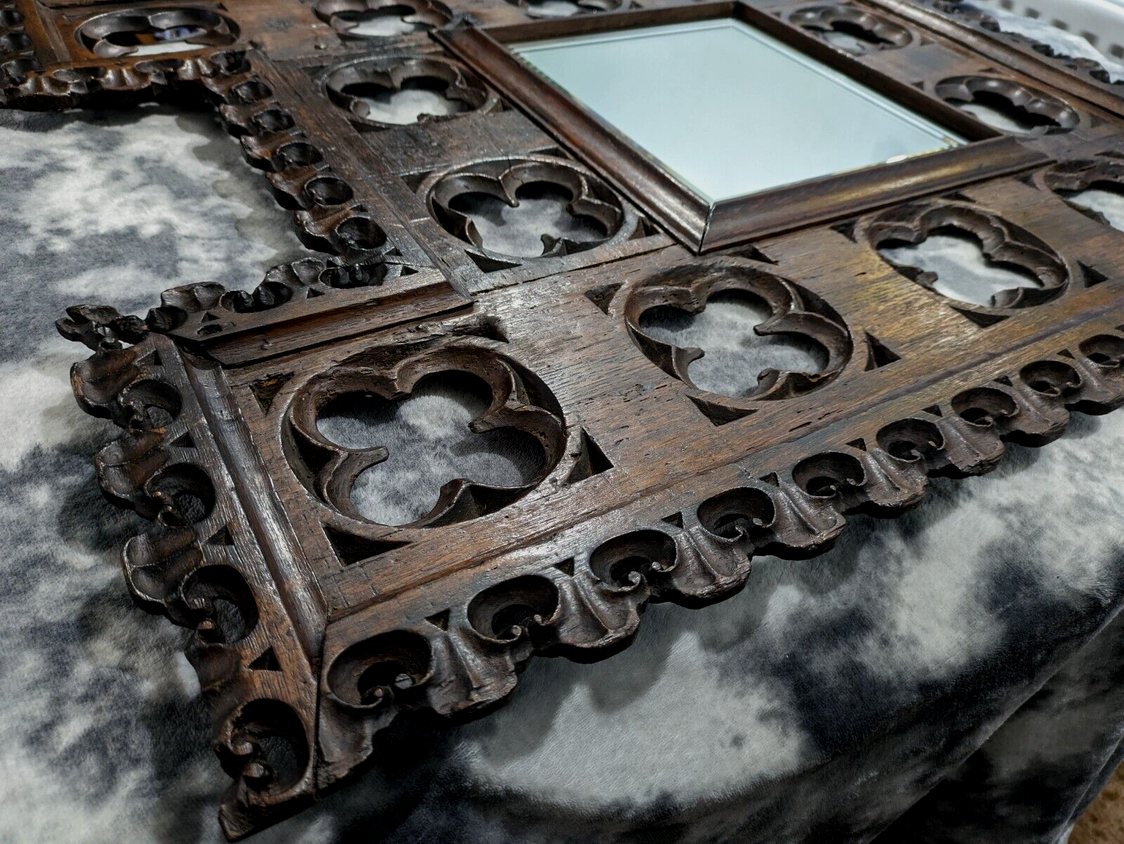 15th Century Gothic Carved Oak Wood Quatrefoil Tracery Panel Antique 19th Mirror