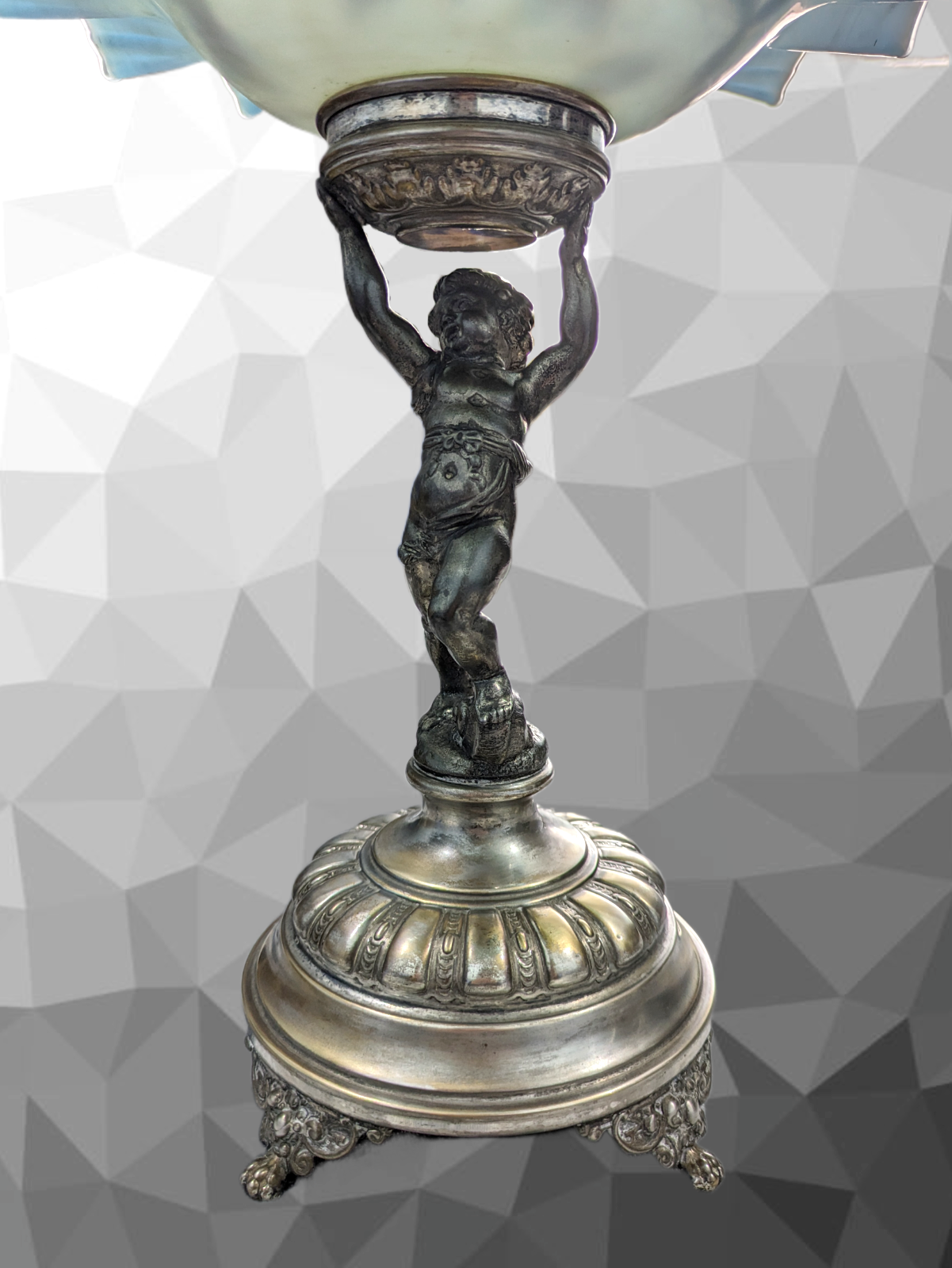 Antique WMF Art Nouveau Figural Silver Plate Cherub Bowl Enamelled Blue Glass