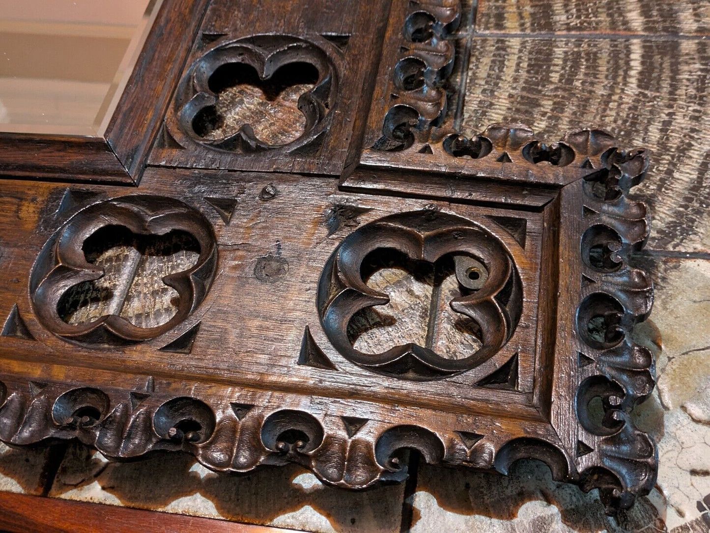15th Century Gothic Carved Oak Wood Quatrefoil Tracery Panel Antique 19th Mirror
