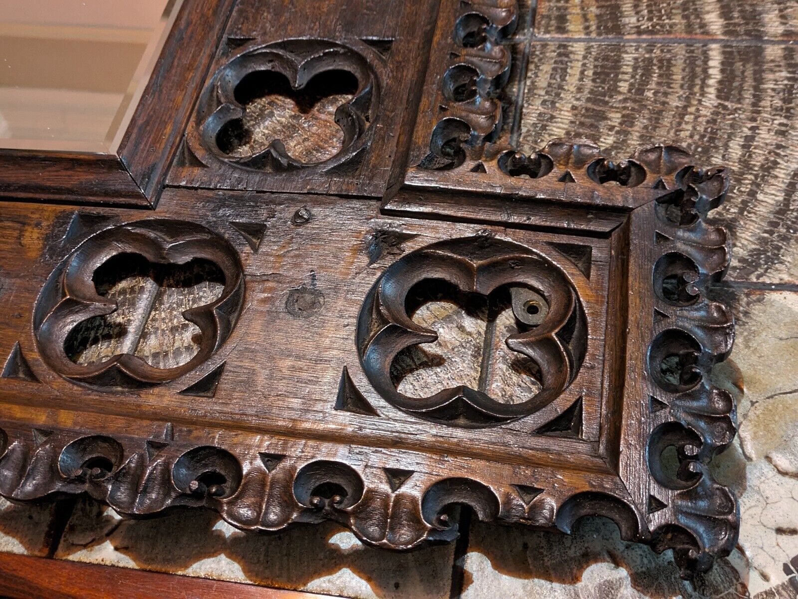 15th Century Gothic Carved Oak Wood Quatrefoil Tracery Panel Antique 19th Mirror