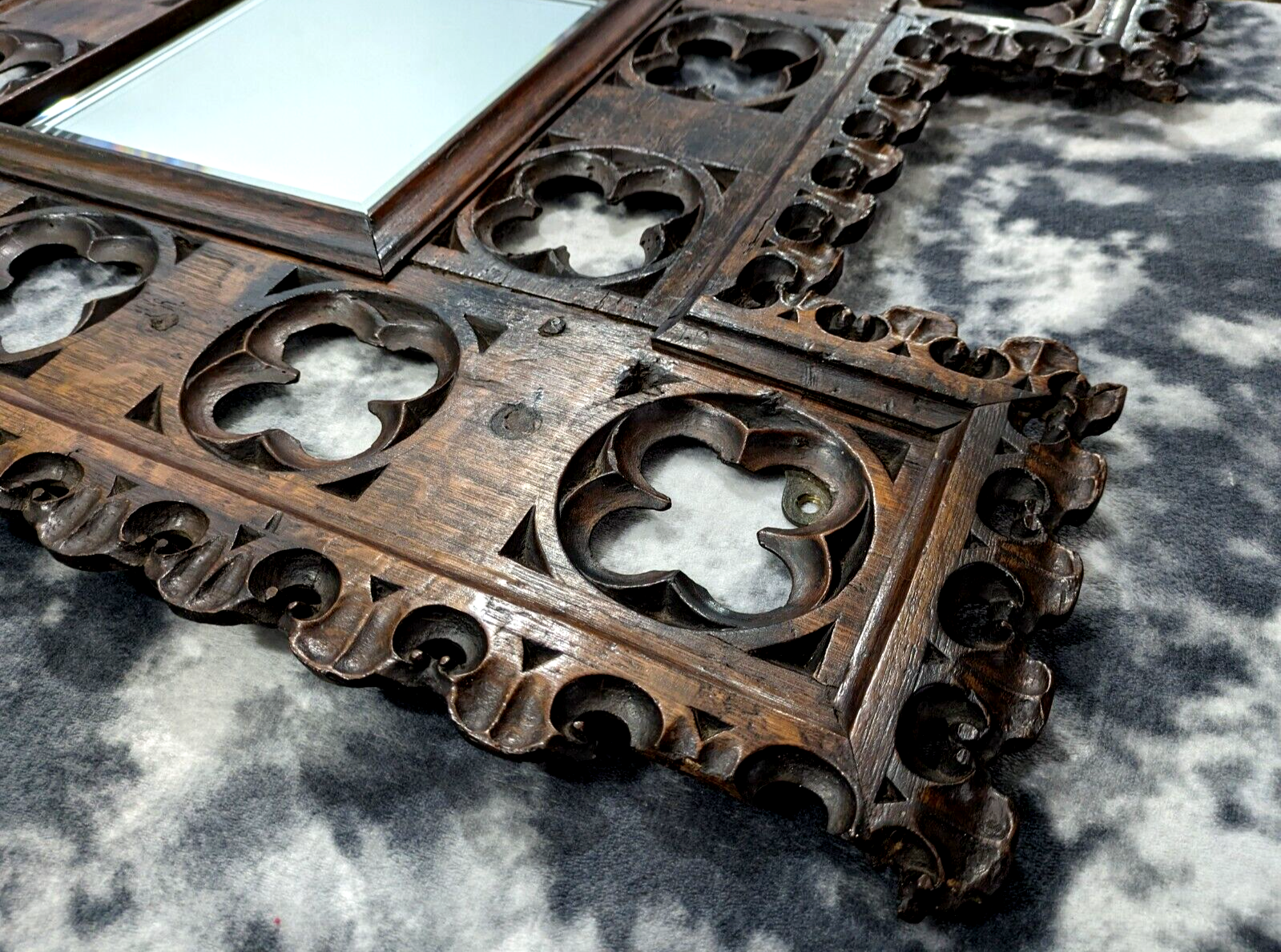 15th Century Gothic Carved Oak Wood Quatrefoil Tracery Panel Antique 19th Mirror