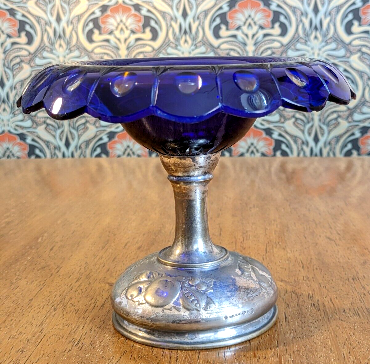 19th Century Bohemian Art Glass Cobalt Cut to Clear Tazza Pedestal Bowl Antique