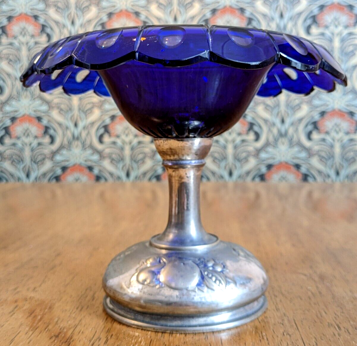 19th Century Bohemian Art Glass Cobalt Cut to Clear Tazza Pedestal Bowl Antique