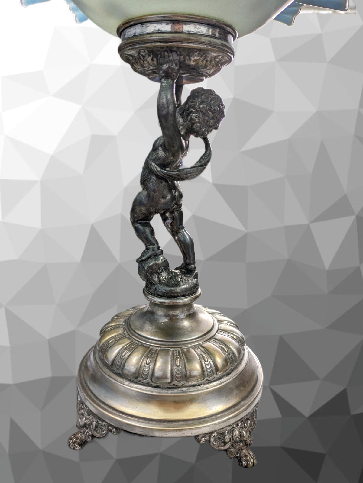 Antique WMF Art Nouveau Figural Silver Plate Cherub Bowl Enamelled Blue Glass