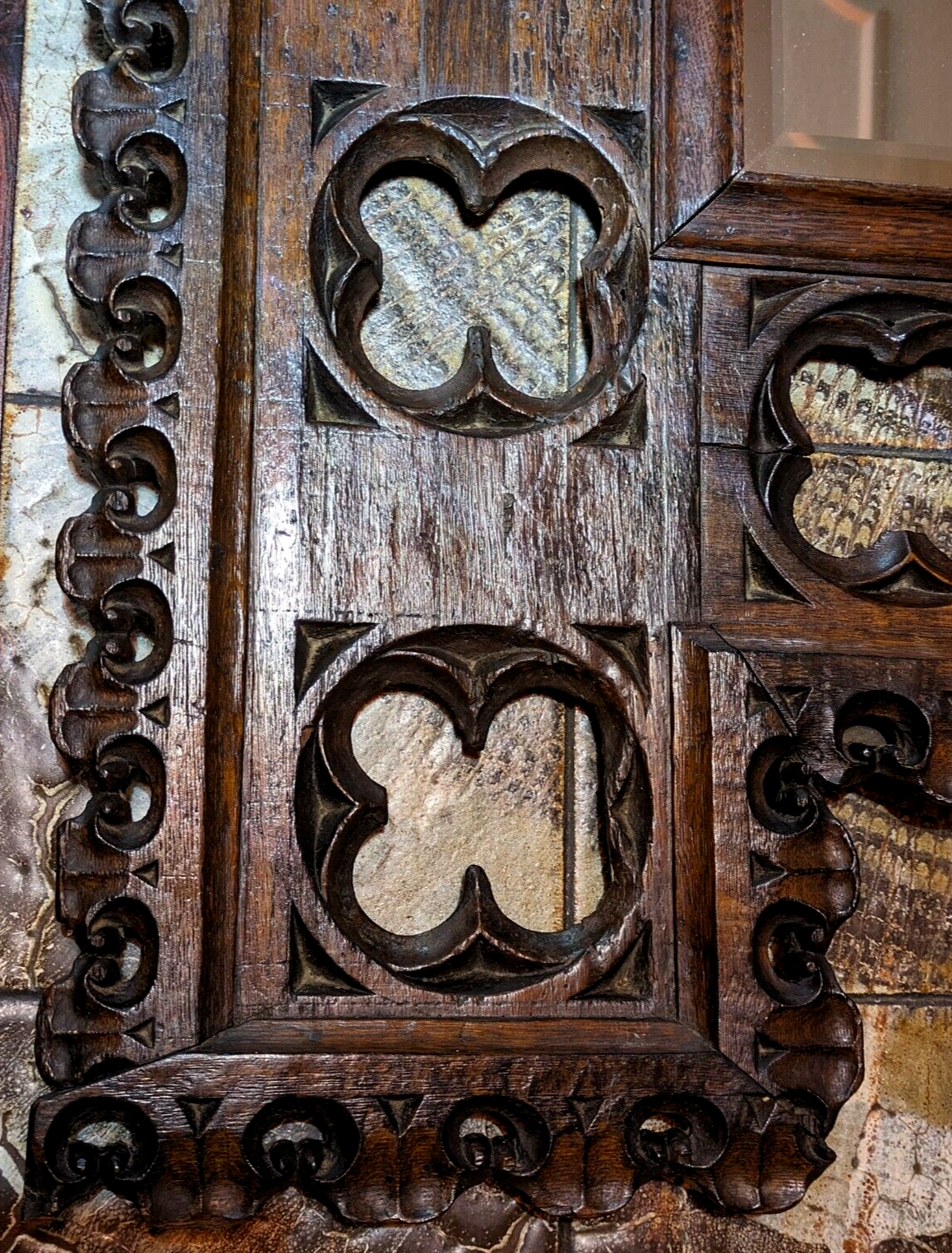 15th Century Gothic Carved Oak Wood Quatrefoil Tracery Panel Antique 19th Mirror
