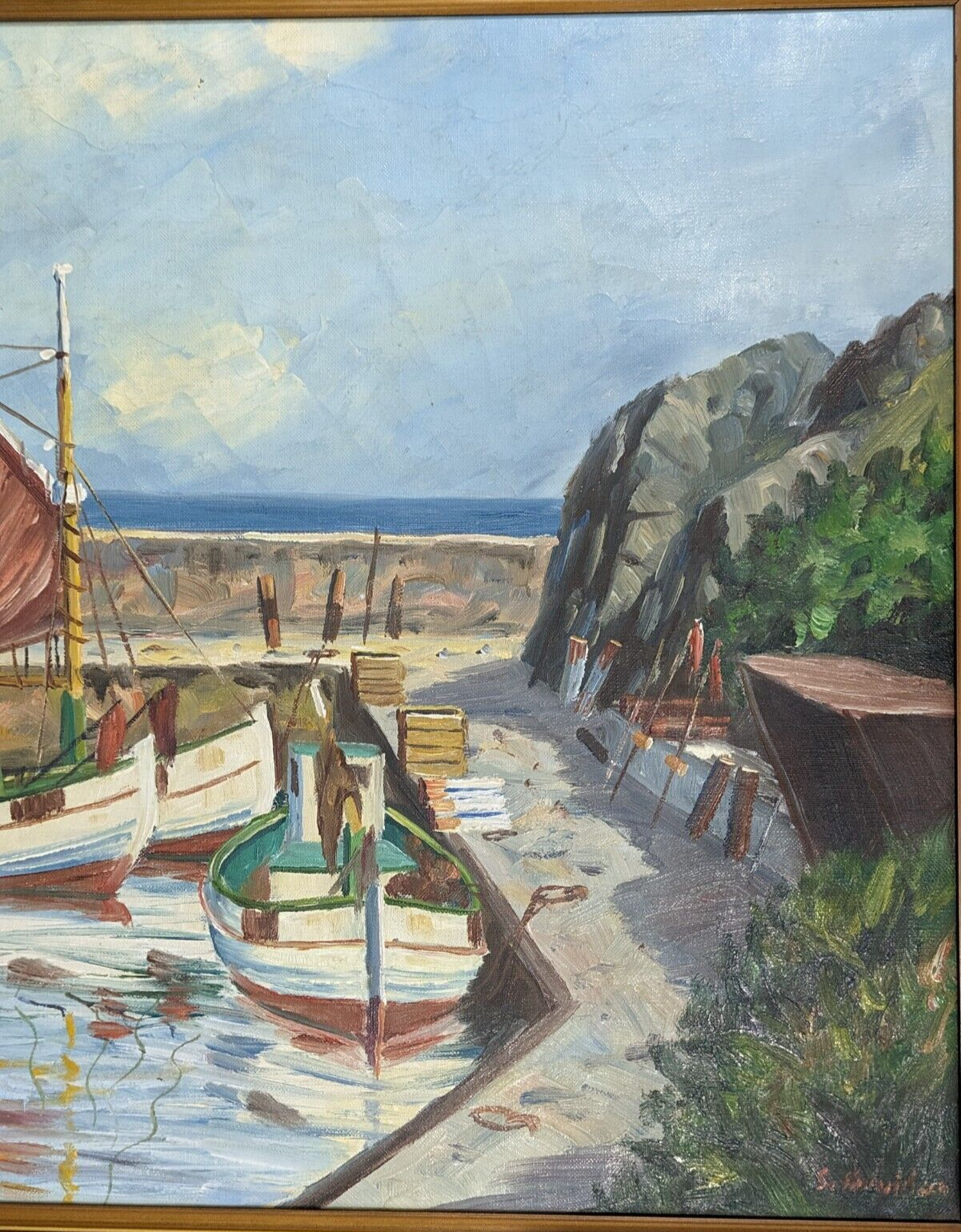 Vintage 20th Century Danish Oil Painting Svend Aage Arvidsen Marine Harbour Art
