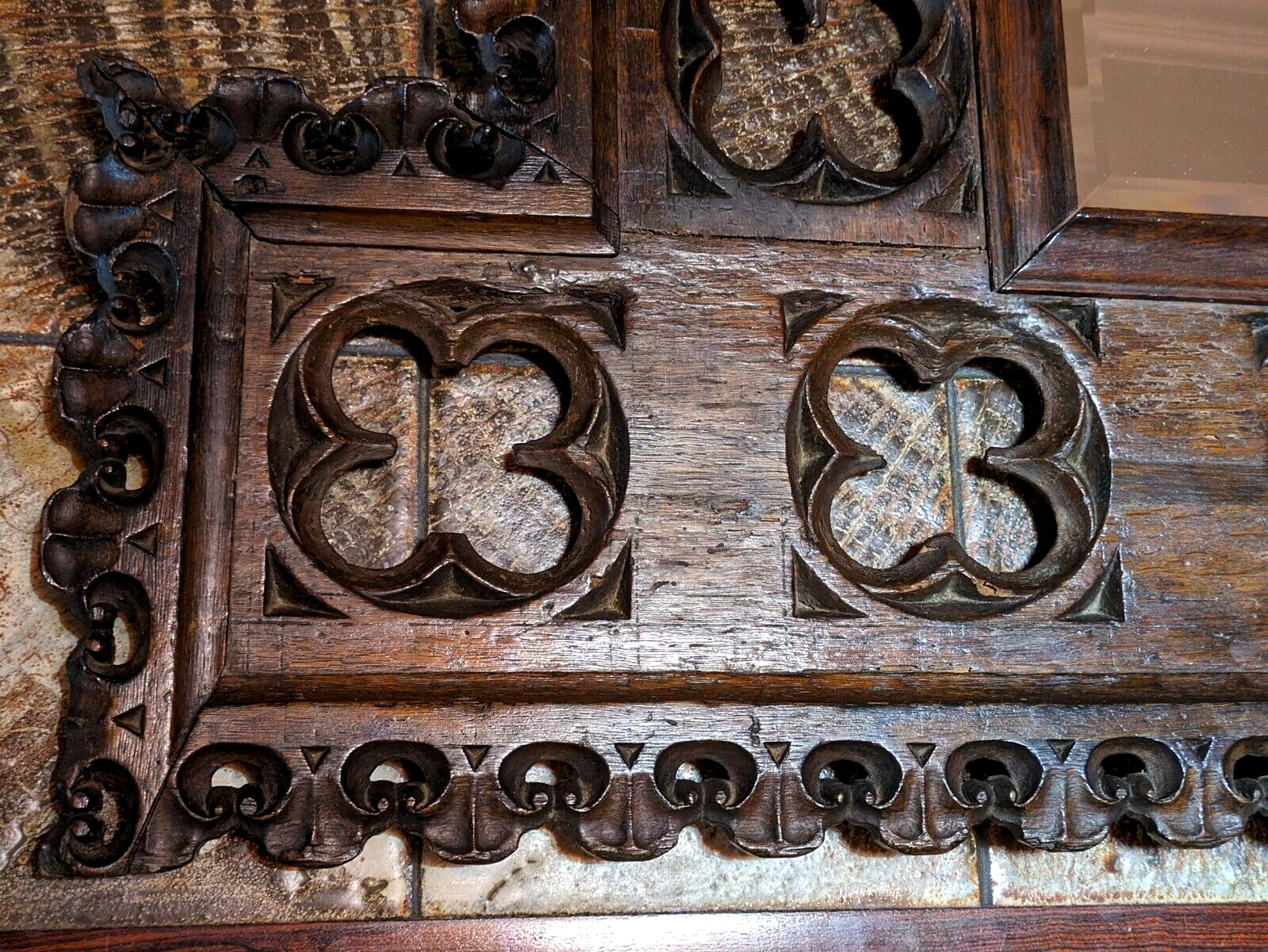 15th Century Gothic Carved Oak Wood Quatrefoil Tracery Panel Antique 19th Mirror