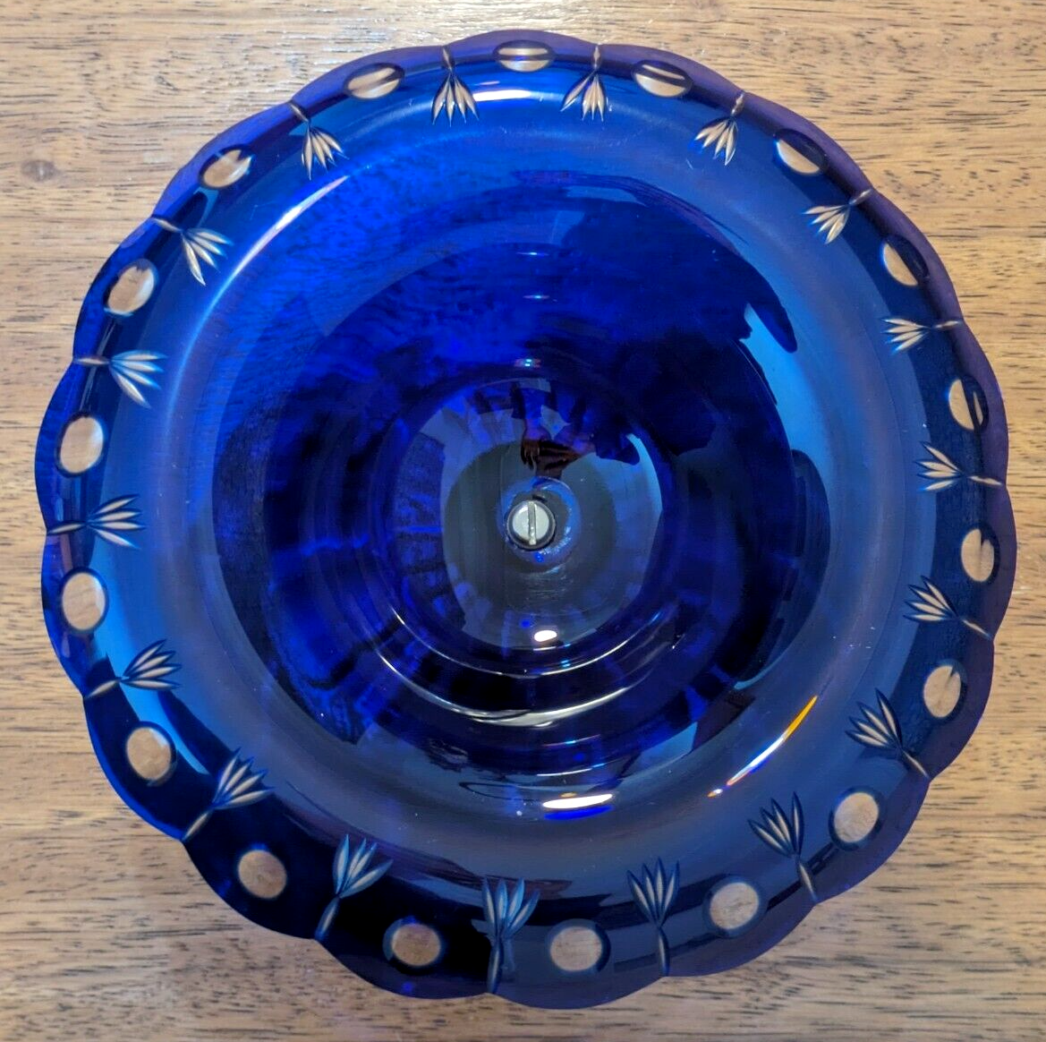19th Century Bohemian Art Glass Cobalt Cut to Clear Tazza Pedestal Bowl Antique