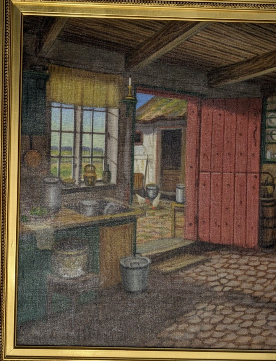 Niels Martoft 1878 Antique 20th Century Danish Oil Painting Farmhouse Interior
