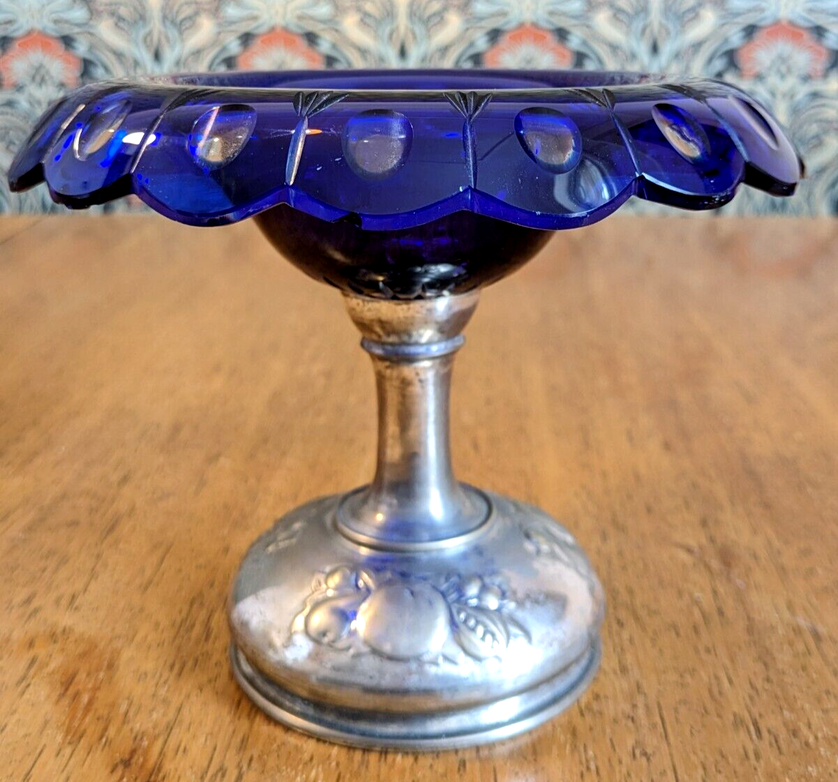 19th Century Bohemian Art Glass Cobalt Cut to Clear Tazza Pedestal Bowl Antique