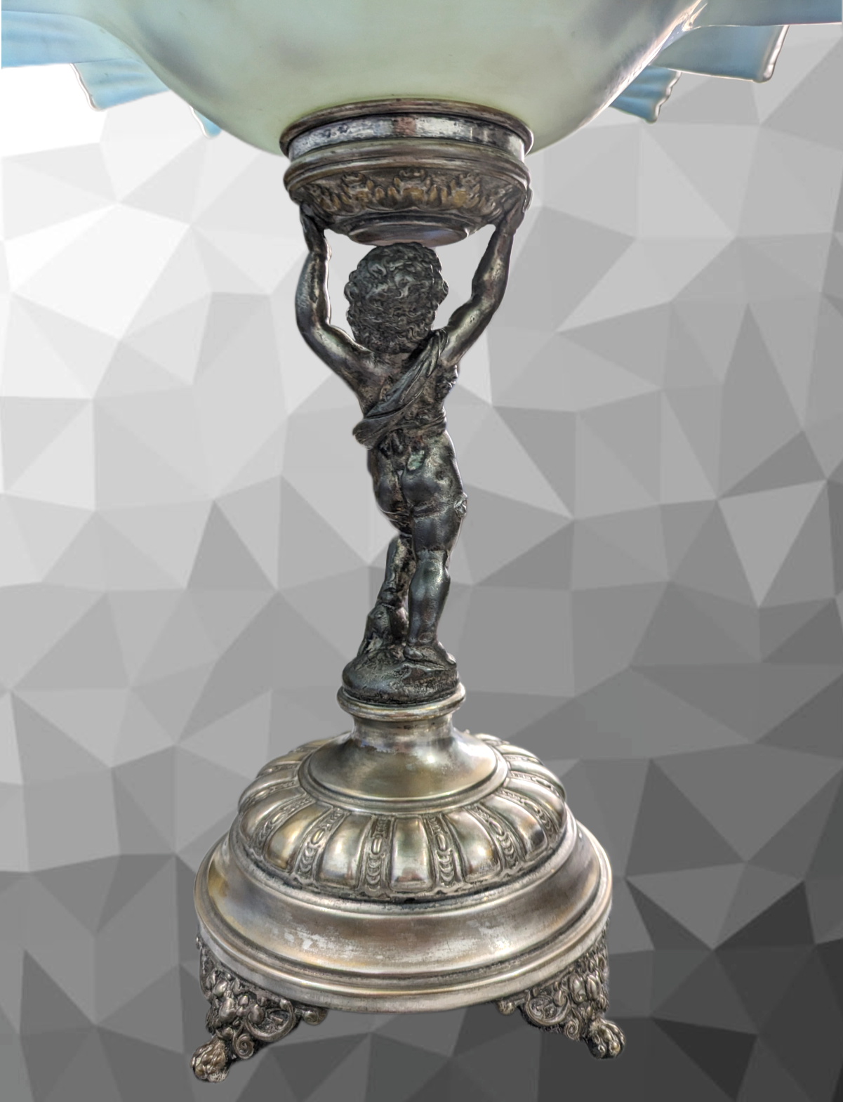 Antique WMF Art Nouveau Figural Silver Plate Cherub Bowl Enamelled Blue Glass