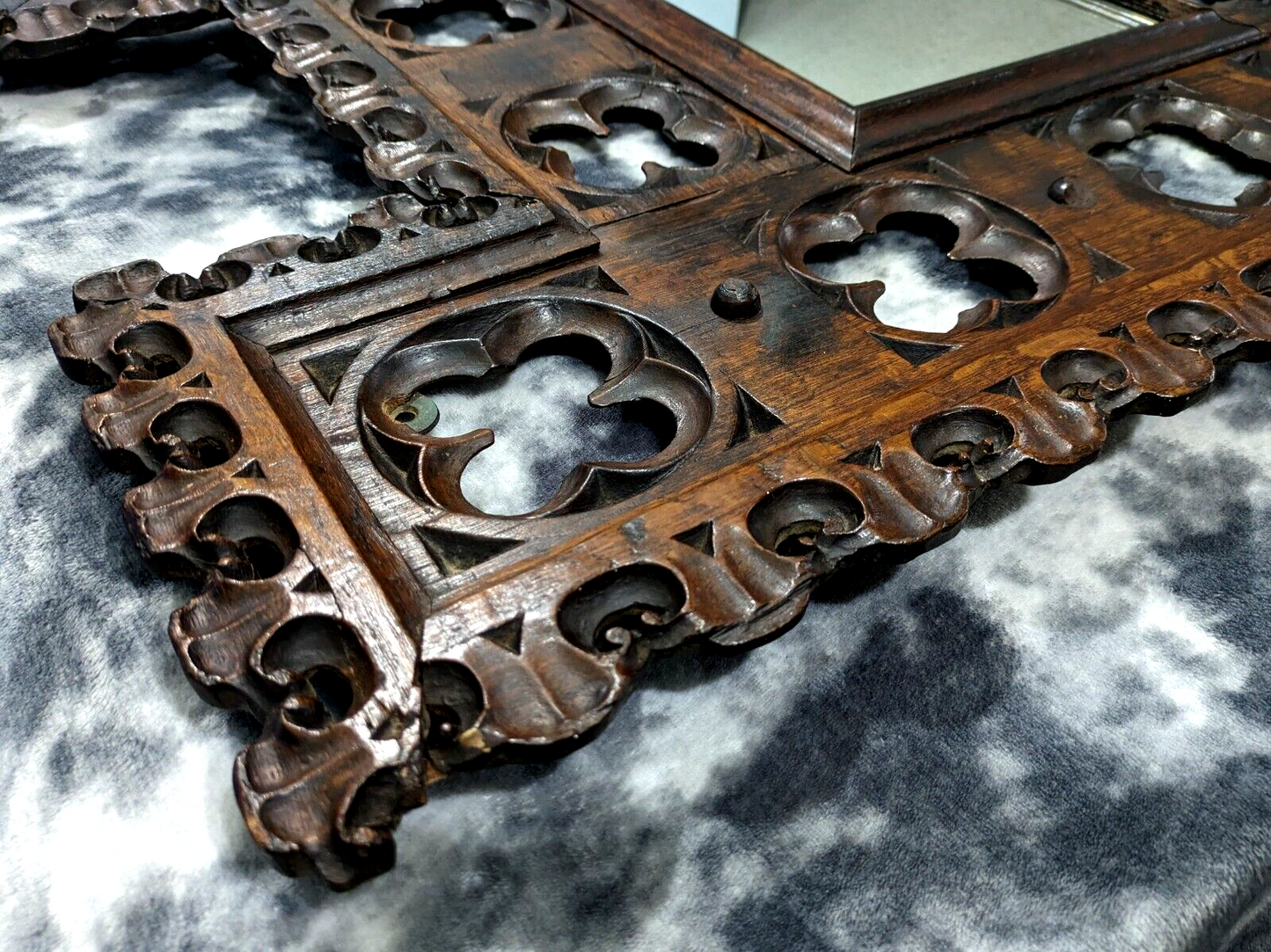 15th Century Gothic Carved Oak Wood Quatrefoil Tracery Panel Antique 19th Mirror