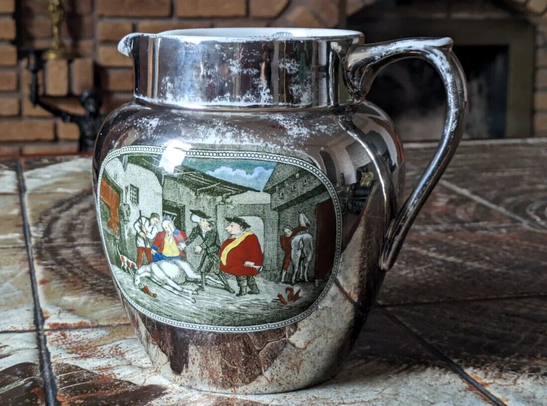 Victorian 19th Century Silver Lustre Antique Pottery Ceramic Jug Adams Tunstall