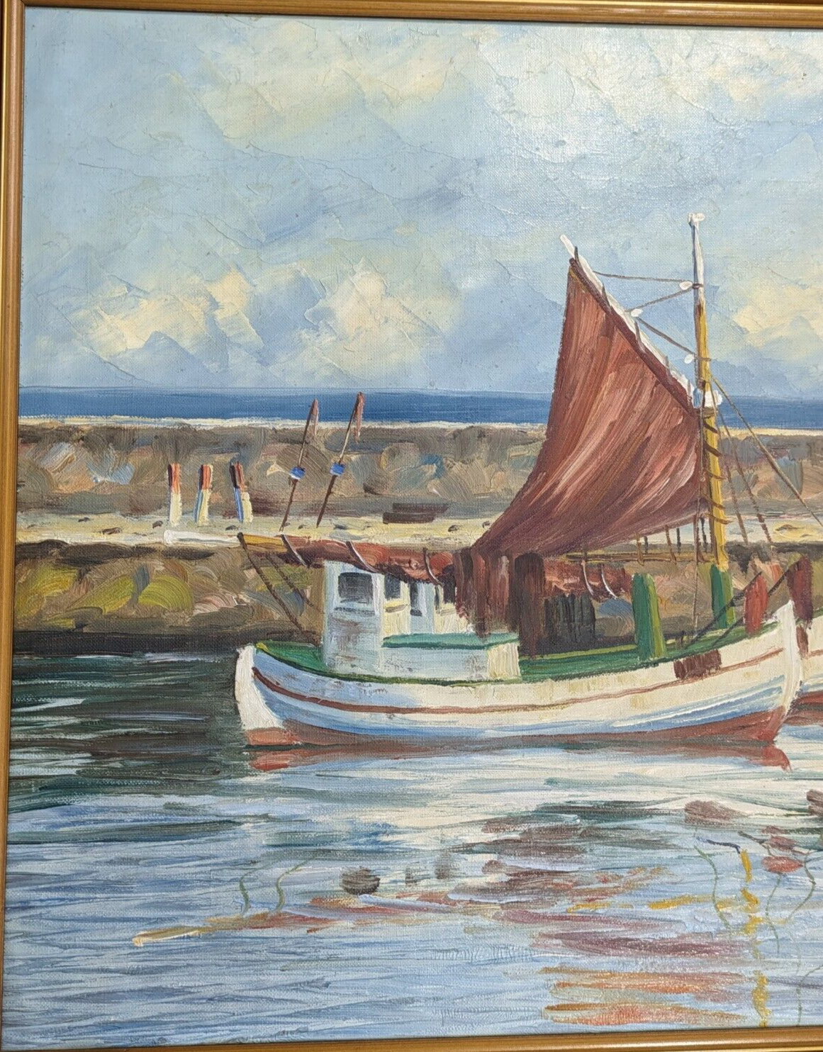 Vintage 20th Century Danish Oil Painting Svend Aage Arvidsen Marine Harbour Art