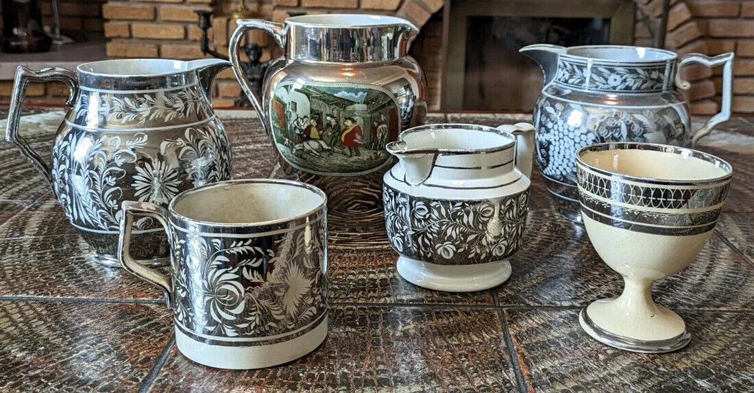 Victorian 19th Century Silver Lustre Antique Pottery Ceramic Jug Adams Tunstall
