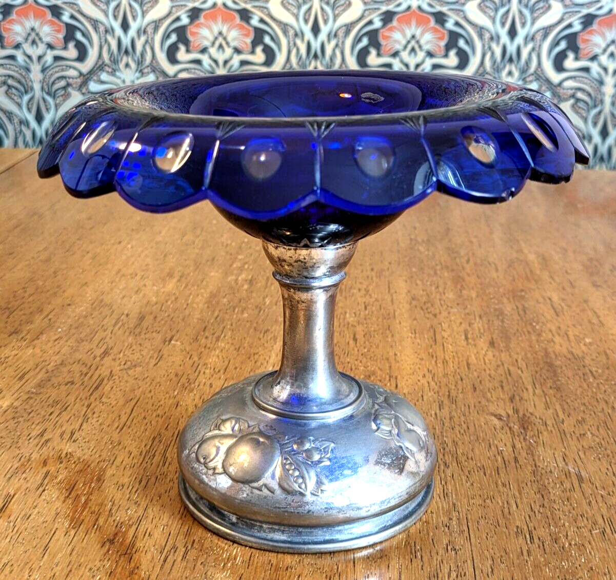 19th Century Bohemian Art Glass Cobalt Cut to Clear Tazza Pedestal Bowl Antique