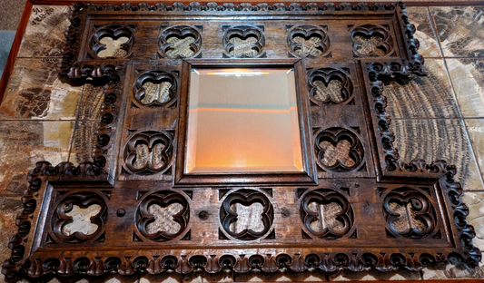 15th Century Gothic Carved Oak Wood Quatrefoil Tracery Panel Antique 19th Mirror