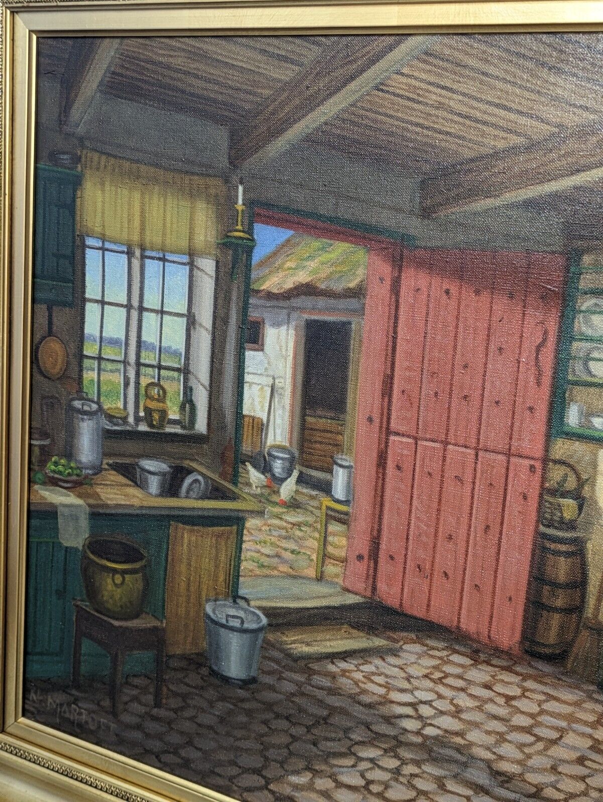 Niels Martoft 1878 Antique 20th Century Danish Oil Painting Farmhouse Interior