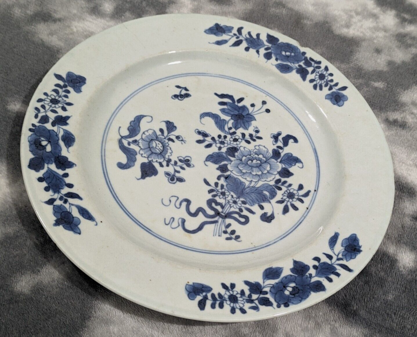 Antique 18th Century Chinese Blue White Porcelain Peonies & Lotus Plate Dish