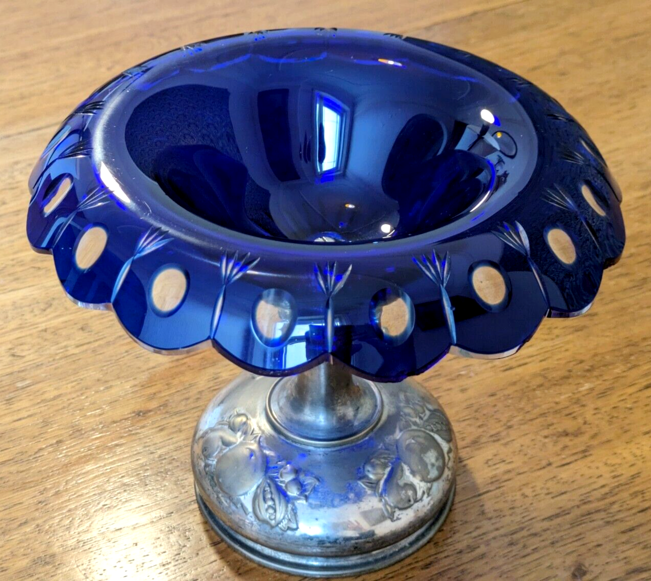 19th Century Bohemian Art Glass Cobalt Cut to Clear Tazza Pedestal Bowl Antique