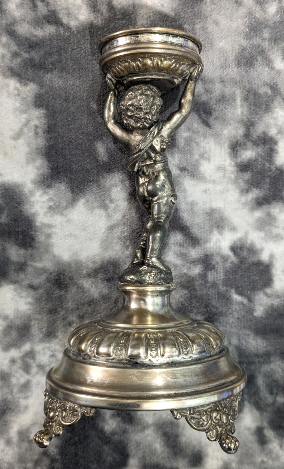 Antique WMF Art Nouveau Figural Silver Plate Cherub Bowl Enamelled Blue Glass