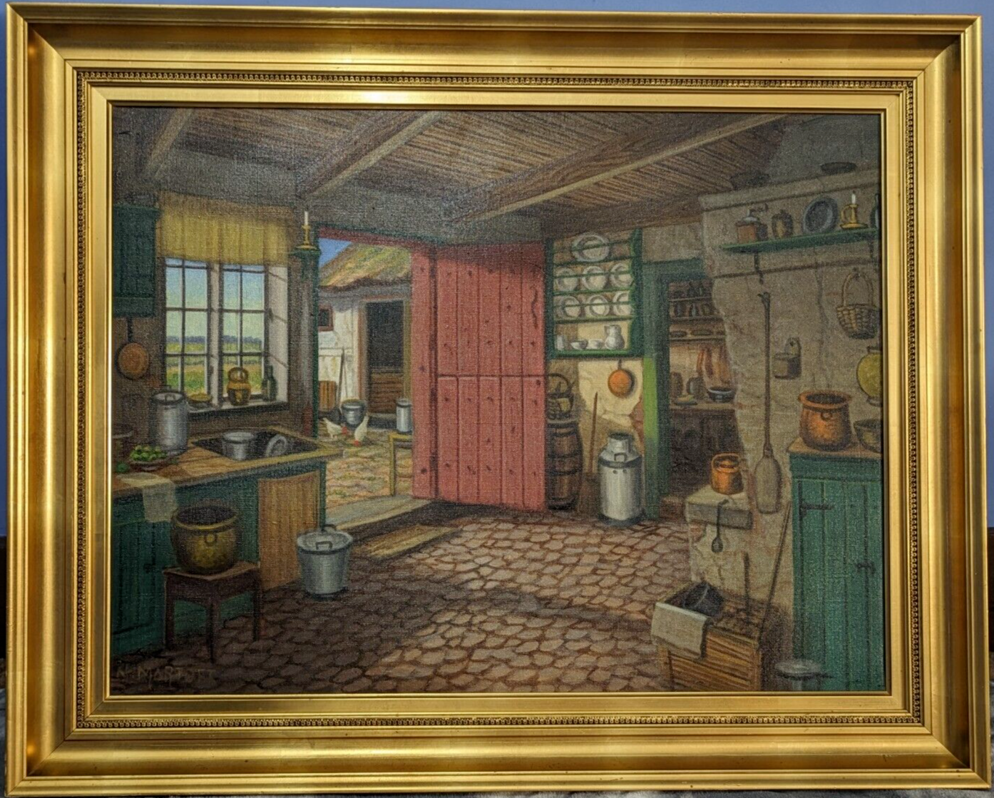 Niels Martoft 1878 Antique 20th Century Danish Oil Painting Farmhouse Interior