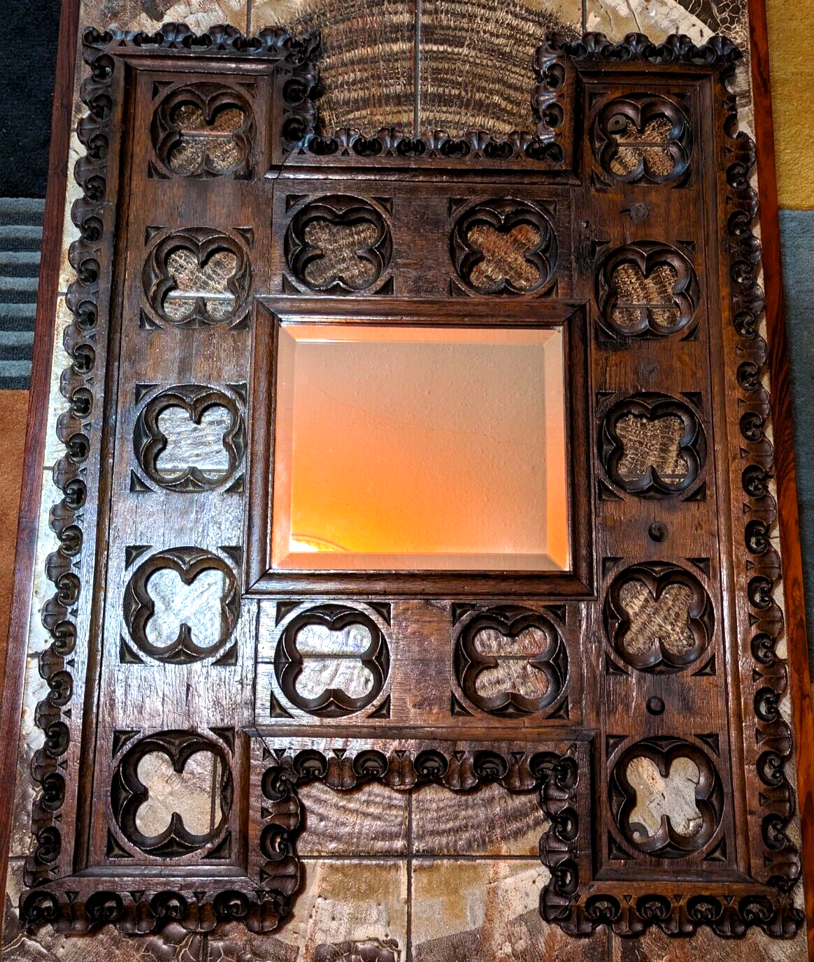 15th Century Gothic Carved Oak Wood Quatrefoil Tracery Panel Antique 19th Mirror