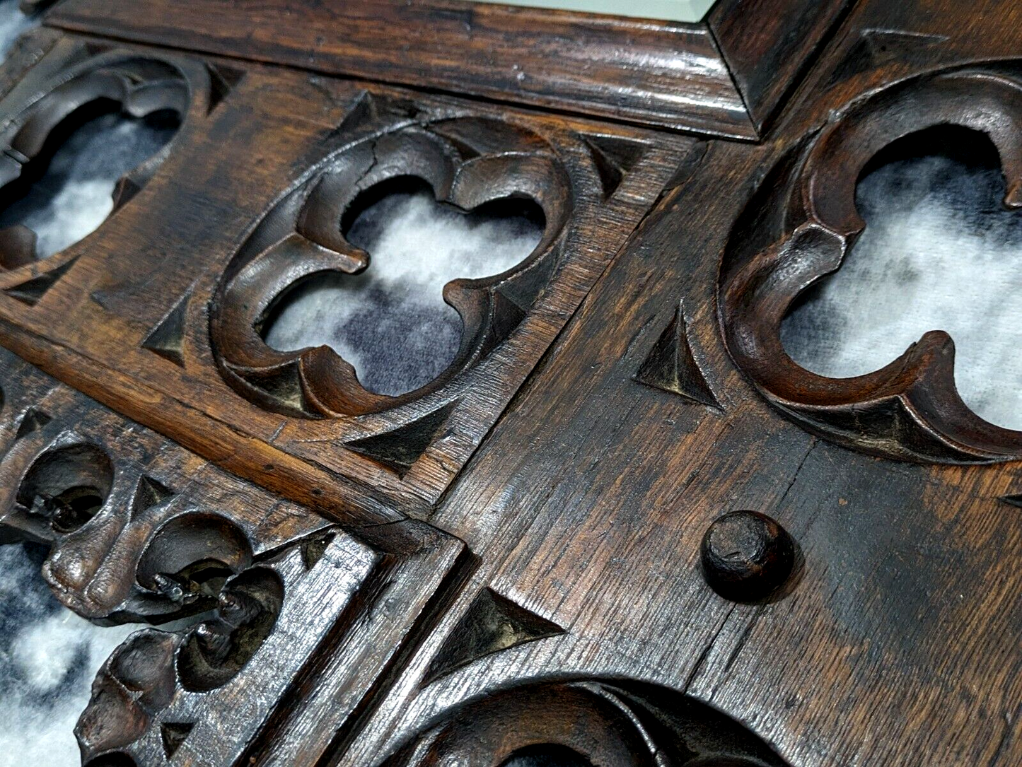 15th Century Gothic Carved Oak Wood Quatrefoil Tracery Panel Antique 19th Mirror