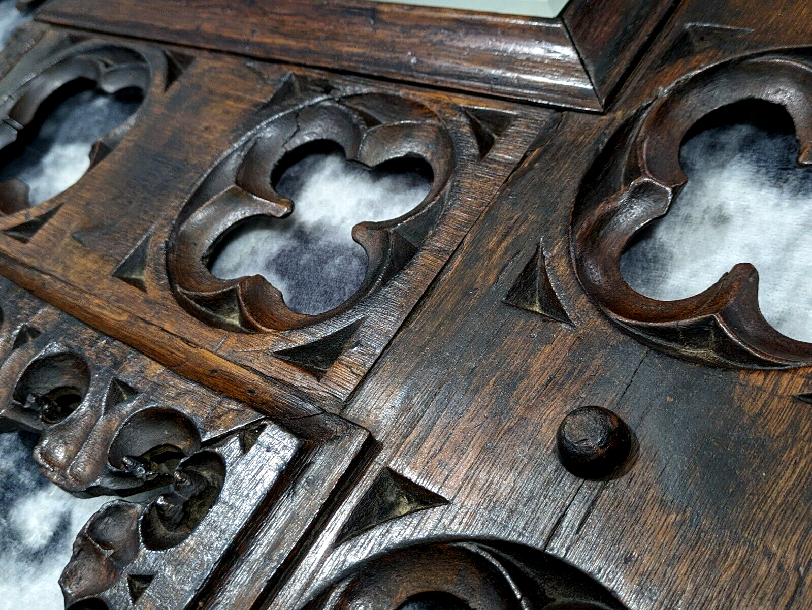 15th Century Gothic Carved Oak Wood Quatrefoil Tracery Panel Antique 19th Mirror