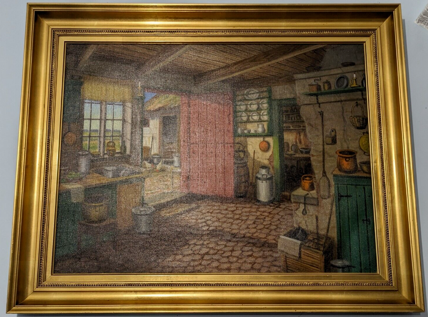 Niels Martoft 1878 Antique 20th Century Danish Oil Painting Farmhouse Interior