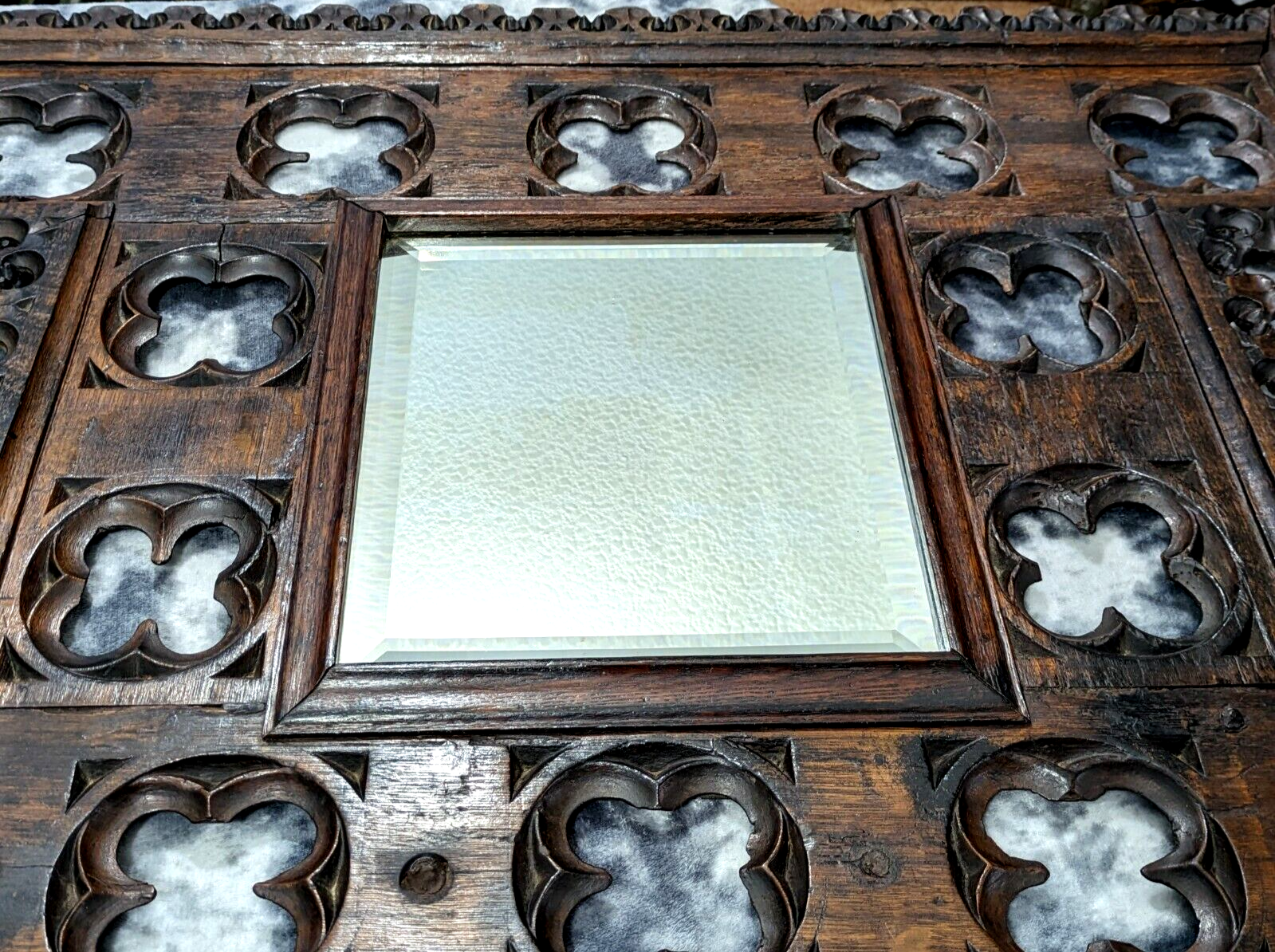 15th Century Gothic Carved Oak Wood Quatrefoil Tracery Panel Antique 19th Mirror