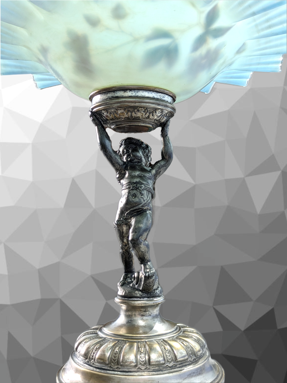 Antique WMF Art Nouveau Figural Silver Plate Cherub Bowl Enamelled Blue Glass