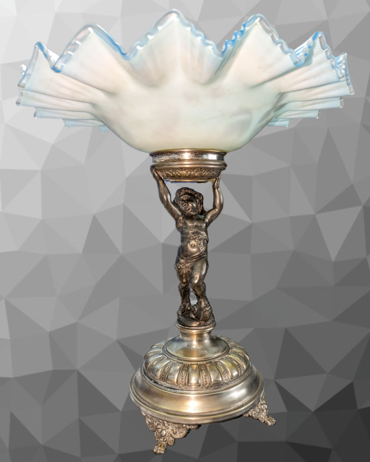 Antique WMF Art Nouveau Figural Silver Plate Cherub Bowl Enamelled Blue Glass