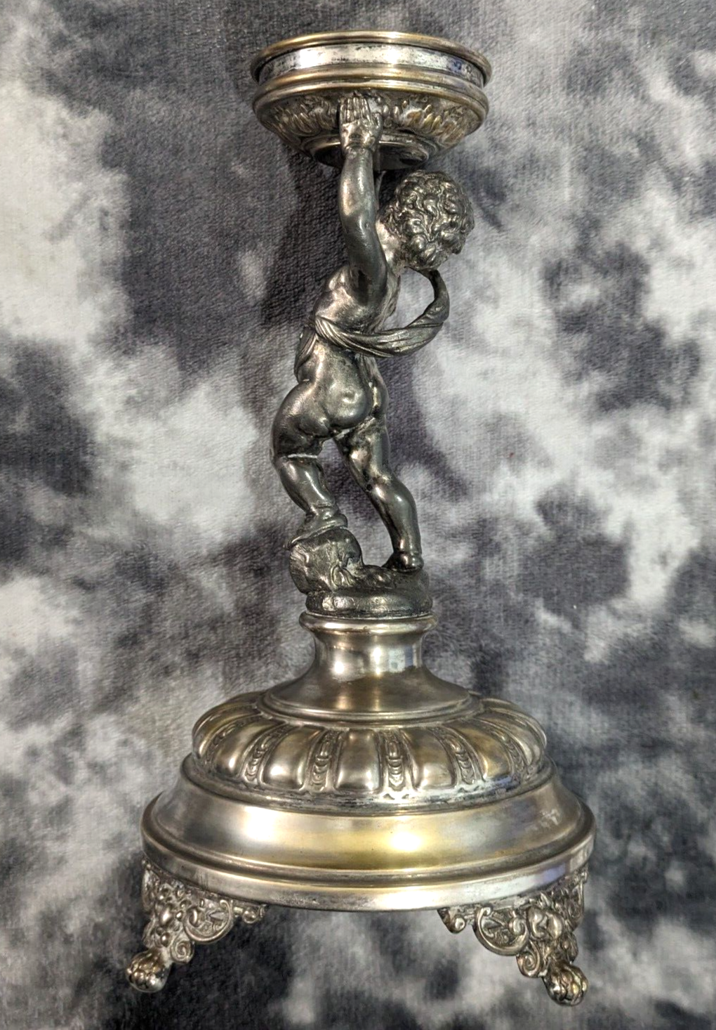 Antique WMF Art Nouveau Figural Silver Plate Cherub Bowl Enamelled Blue Glass