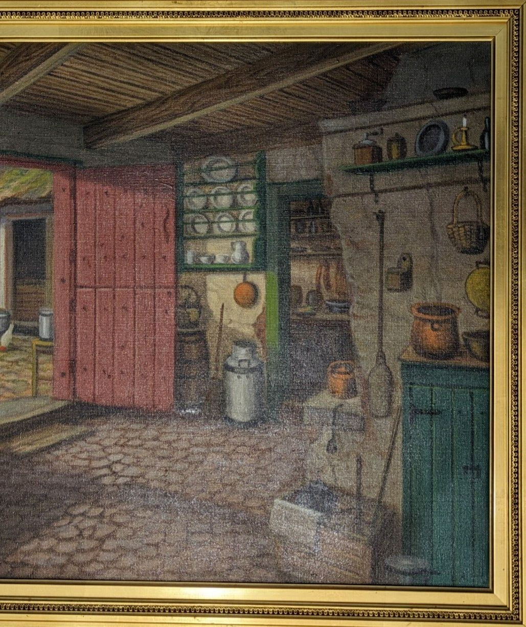 Niels Martoft 1878 Antique 20th Century Danish Oil Painting Farmhouse Interior