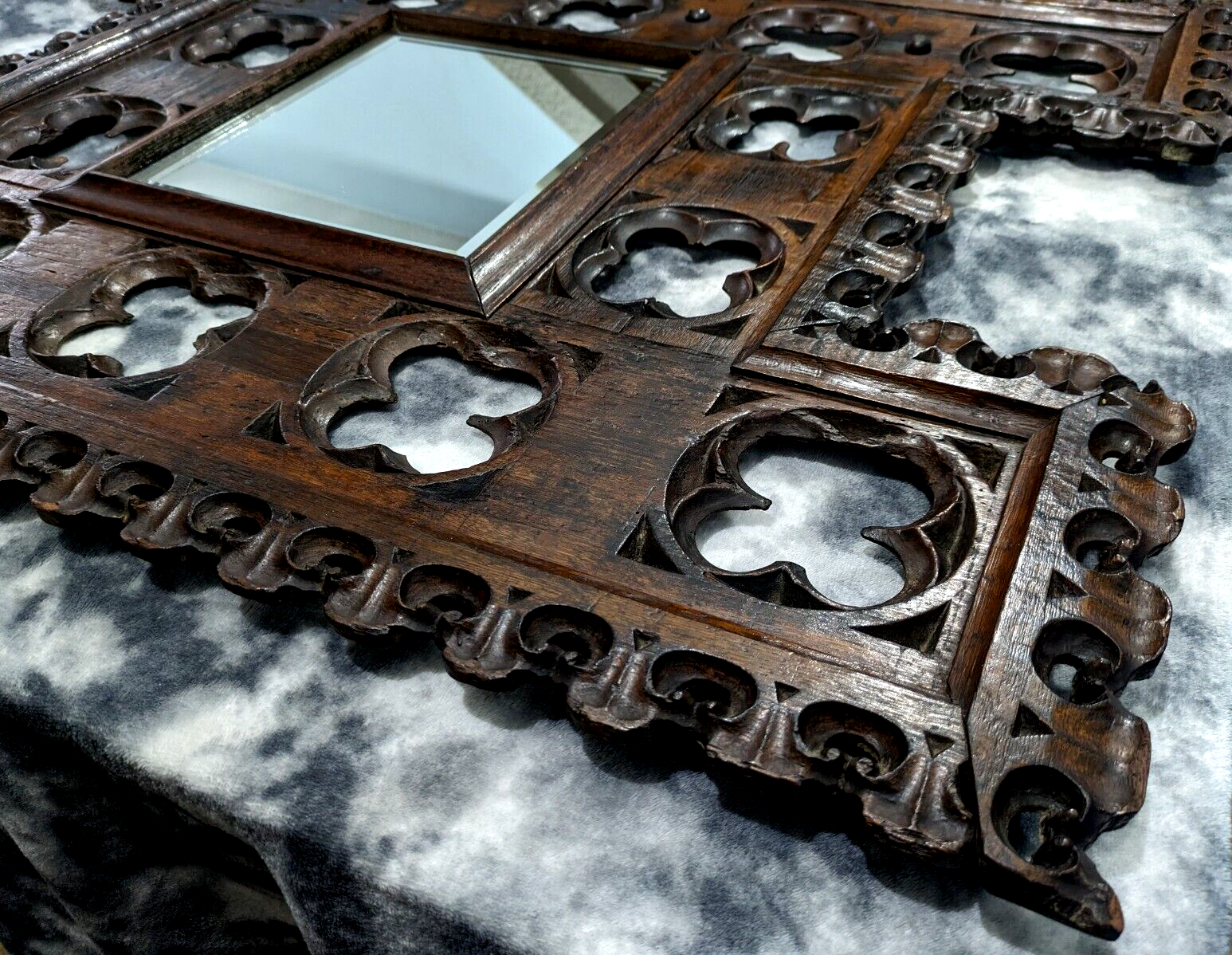 15th Century Gothic Carved Oak Wood Quatrefoil Tracery Panel Antique 19th Mirror
