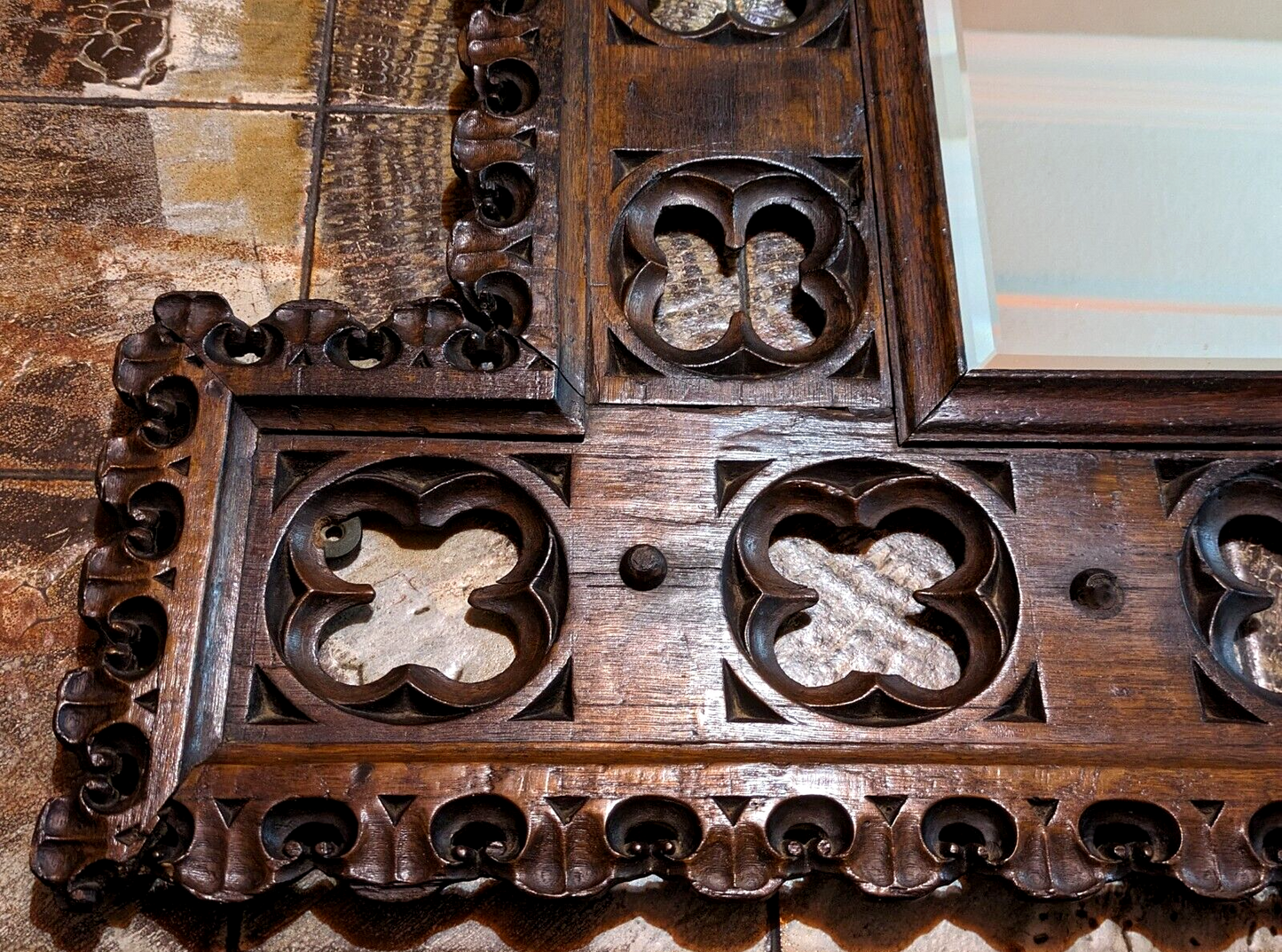 15th Century Gothic Carved Oak Wood Quatrefoil Tracery Panel Antique 19th Mirror