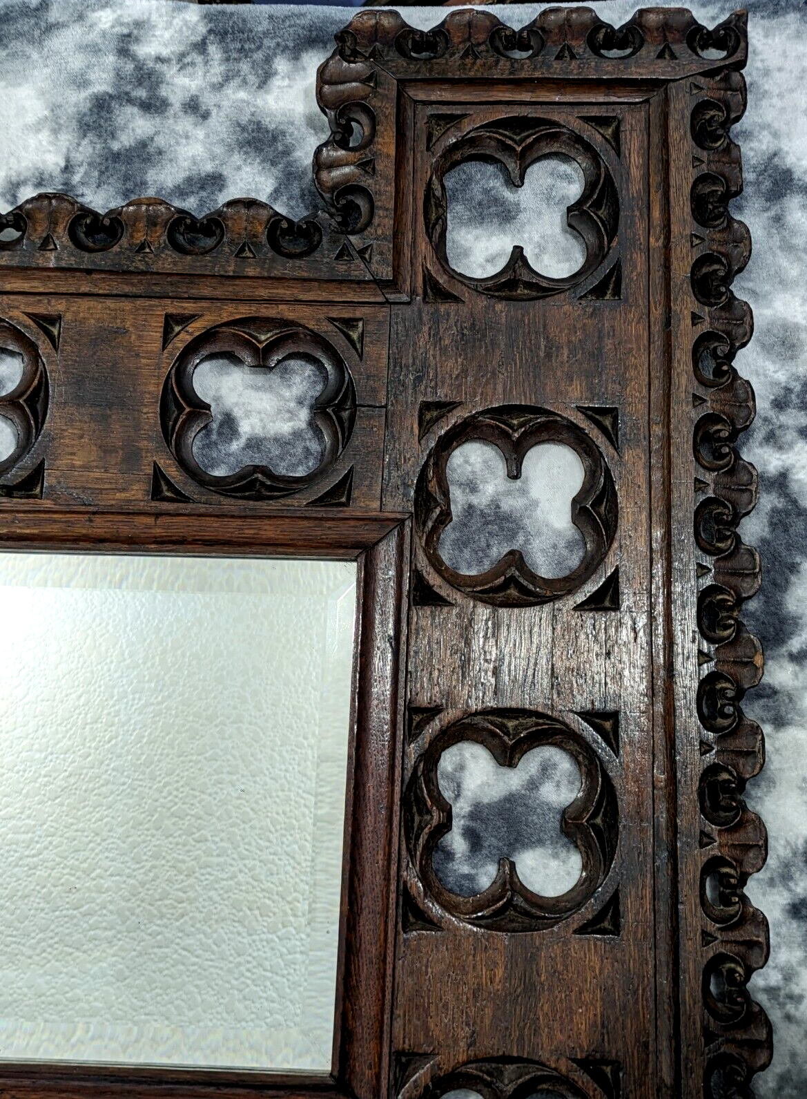 15th Century Gothic Carved Oak Wood Quatrefoil Tracery Panel Antique 19th Mirror