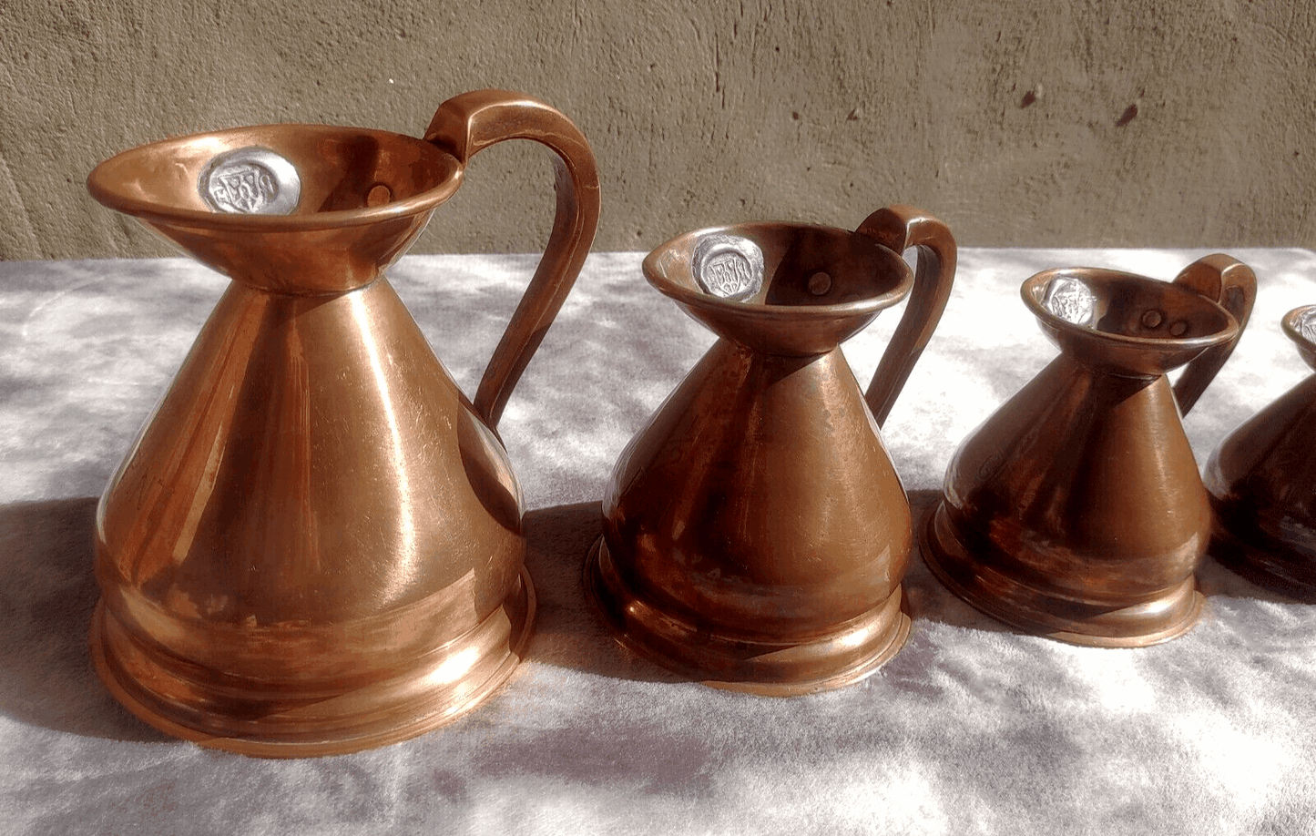 19th Century Antique Victorian English Copper Haystack Measuring Pitcher Jug Set